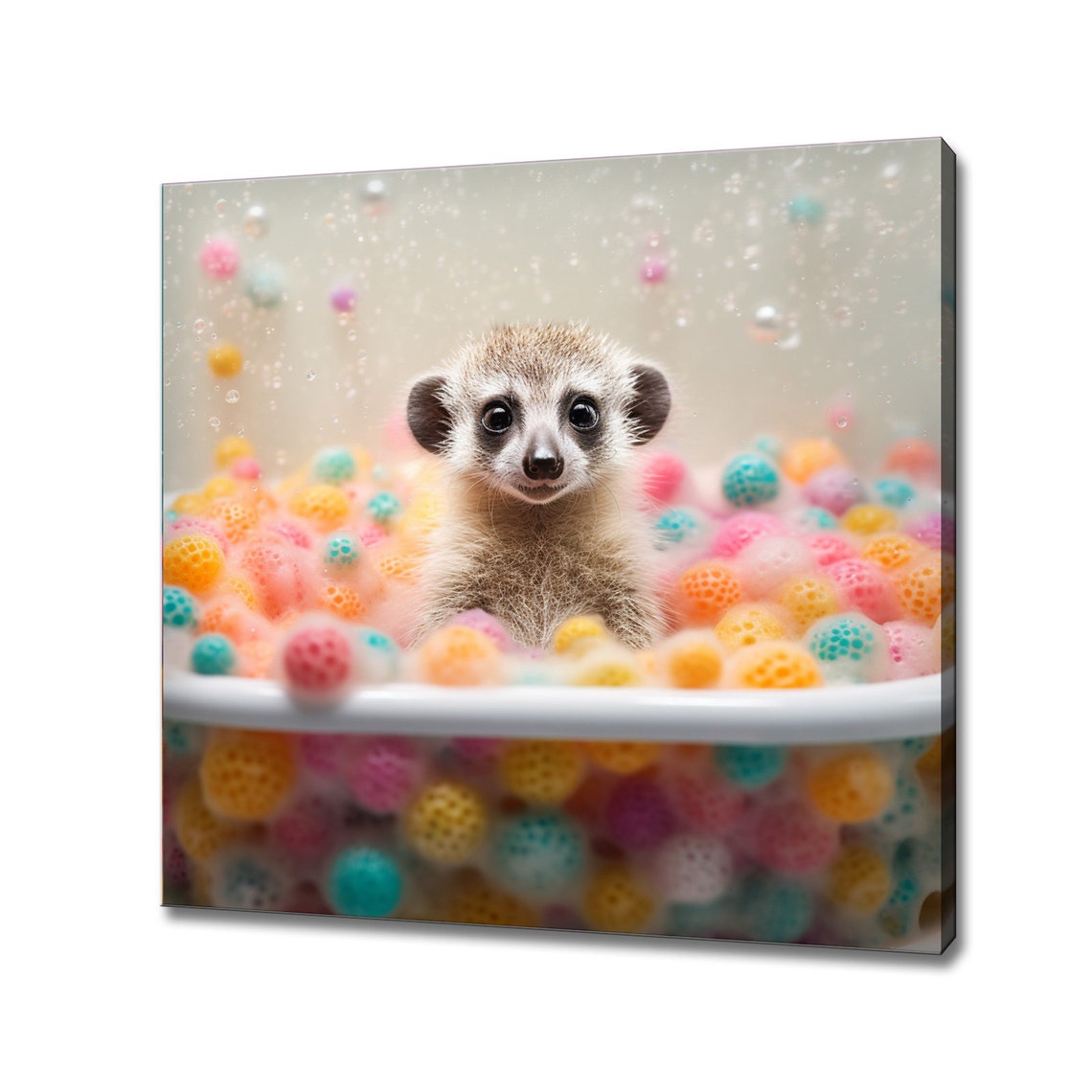 Adorable Baby Meerkat in a Bubble Bath With Colorful Candy Balls Print