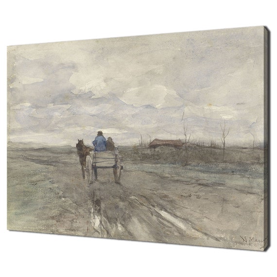 Farm Wagon On A Country Road Landscape Vintage Victorian Oil Painting Print Antique Print Wall Art Moody Rustic Farmhouse Decor