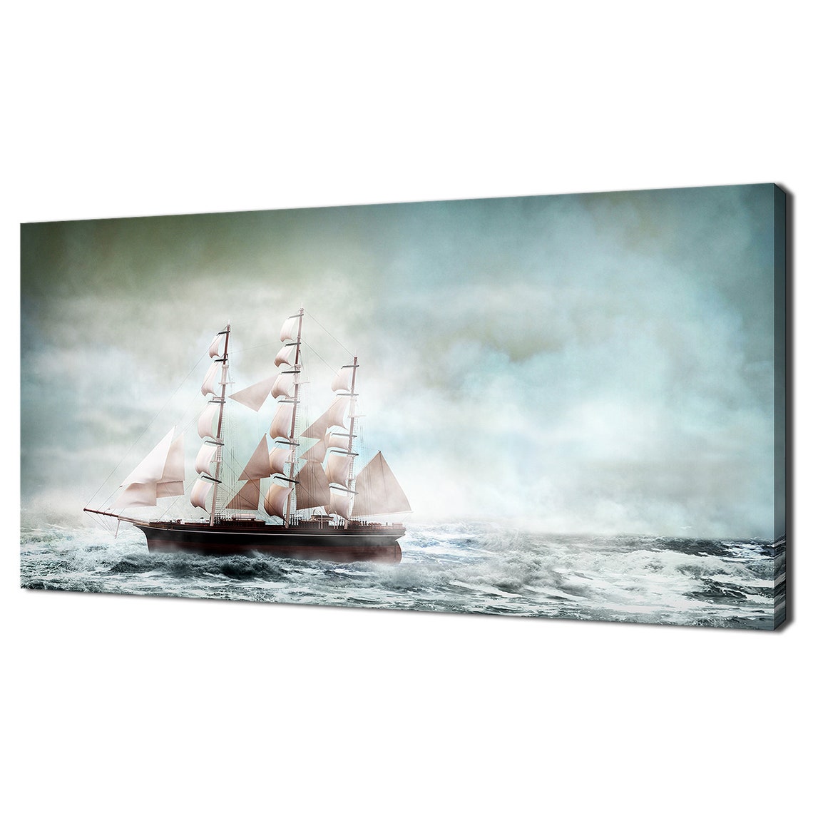 Old Tall Sailing Ship Wavy Blue Ocean Stormy Seascape Adventure Poster