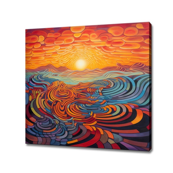 Abstract Psychedelic Landscape Painting Style Print Colourful Fantasy Retro Design Sunset Print Surreal Sunset Abstract Wall Art