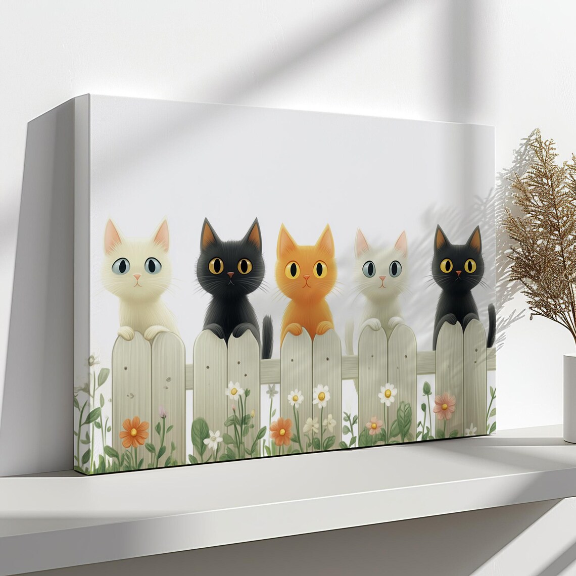 Five Cute Cats Peeking Over White Picket Fence Whimsical Kids Art Print - Image 4