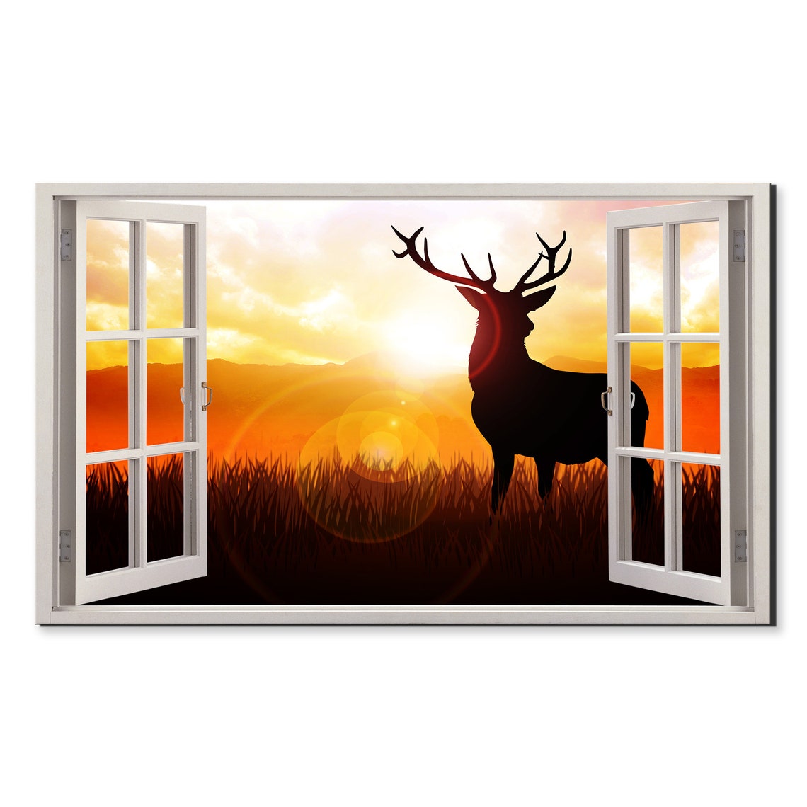 Stag Deer Silhouette At A Fiery Sunset Window View Wall Art Poster