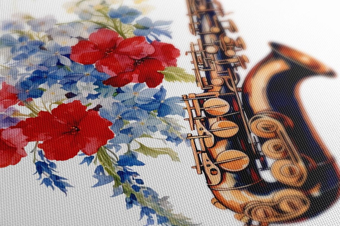 Saxophone Watercolor Blue Red Floral Jazz Music Instrument Art Poster - Image 3