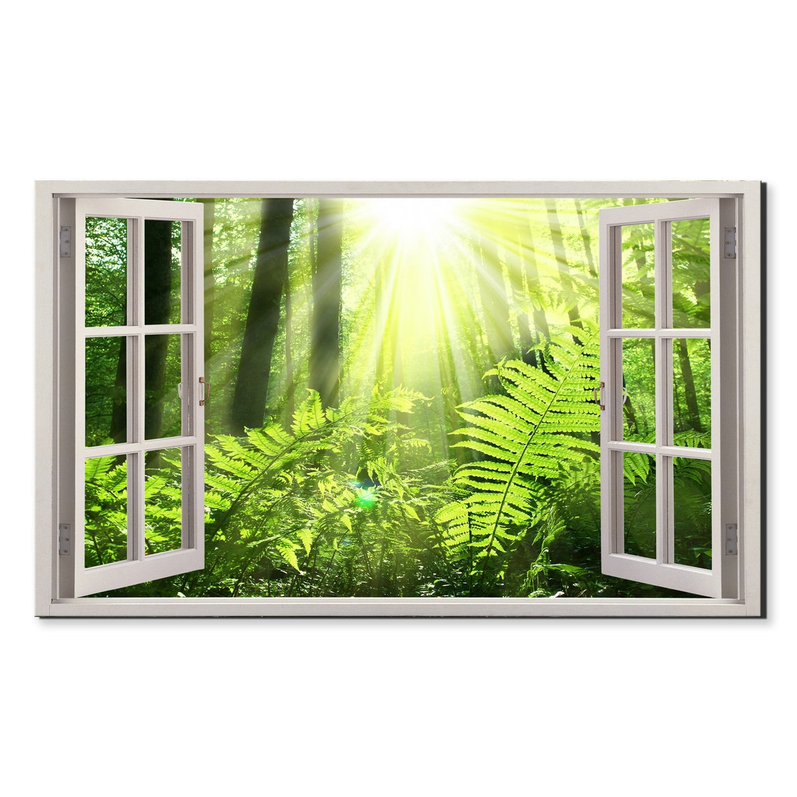 Sunlit Green Forest Ferns Through Open Window Frame View Print
