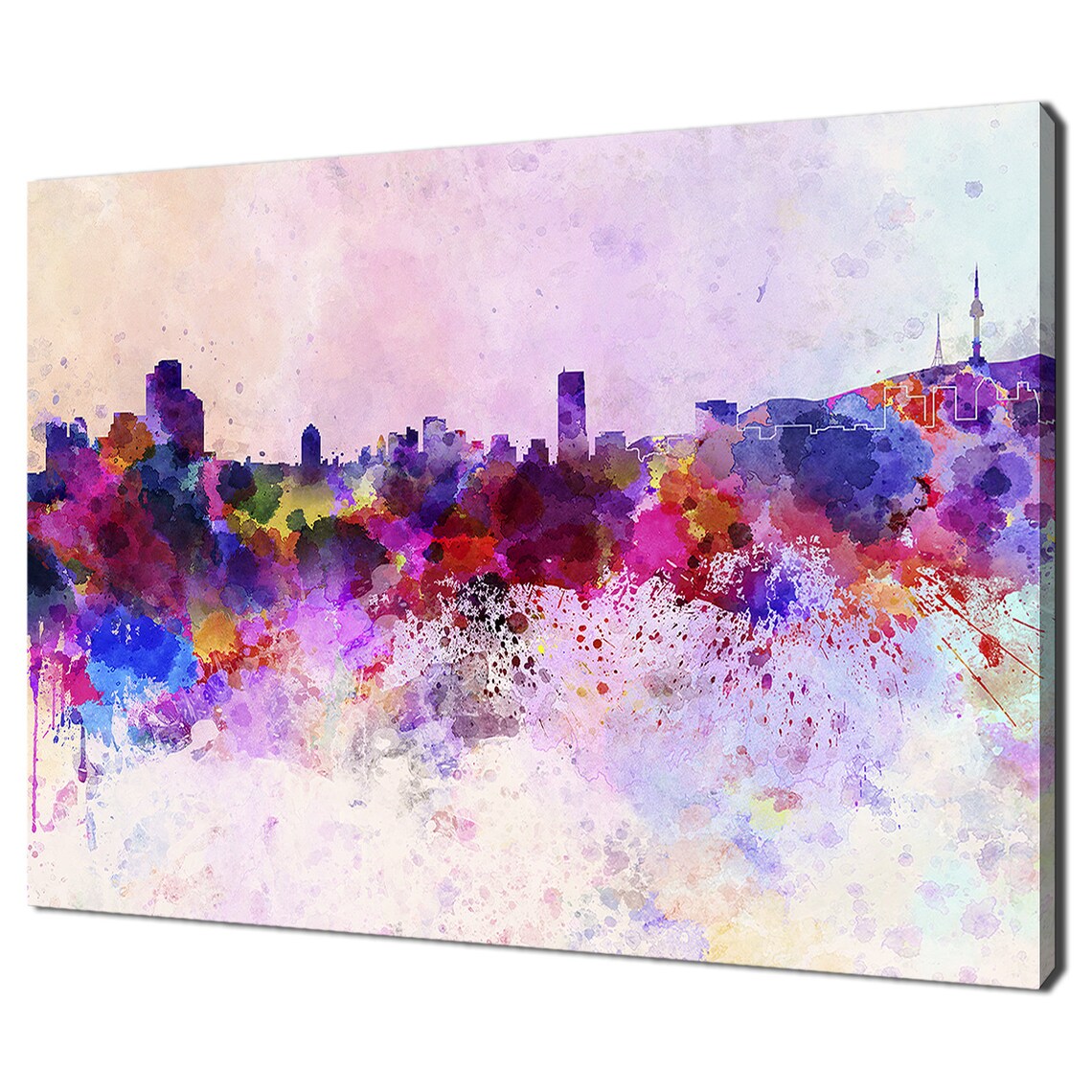 Seoul Korea Skyline Watercolor Splash Pink Purple Abstract City Poster