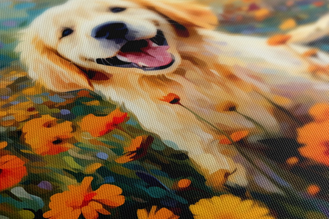 Golden Retriever Puppy In Flowers Field Print Gift For Dog Lover Colourful Dog Portrait Painting Print Dog Pet Wall Art - Image 4