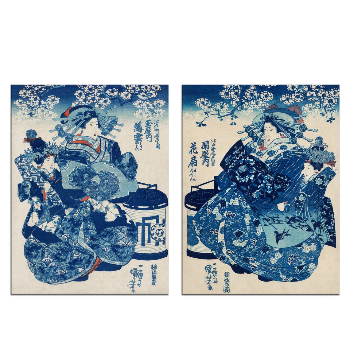 Kuniyoshi Japanese Courtesan Cherry Blossom Indigo Woodblock Art Print