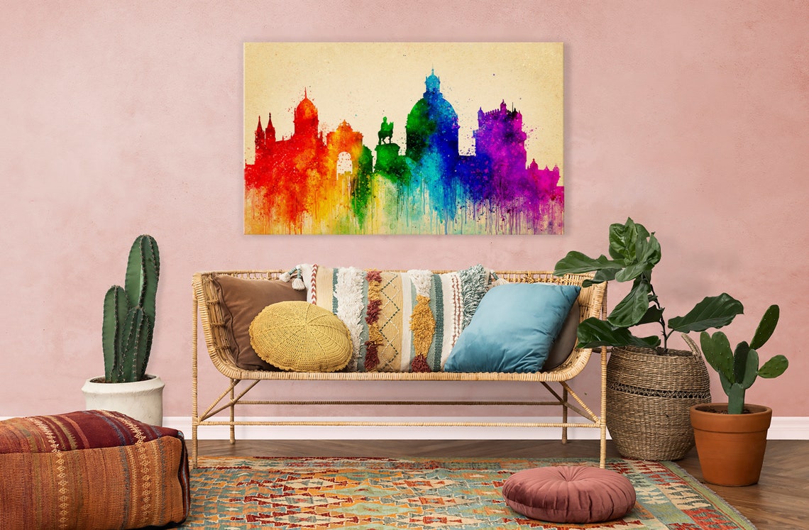 Lisbon Portugal Rainbow Skyline Watercolor Landmarks Paint Poster