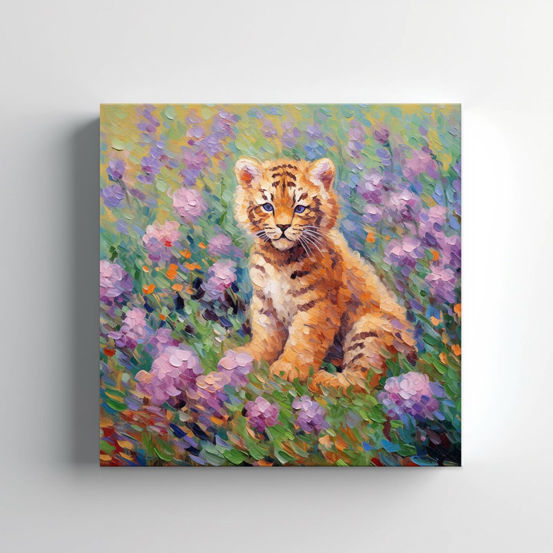 Baby Tiger Cub Sitting In Purple Wildflowers Colorful Impasto Poster - Image 4