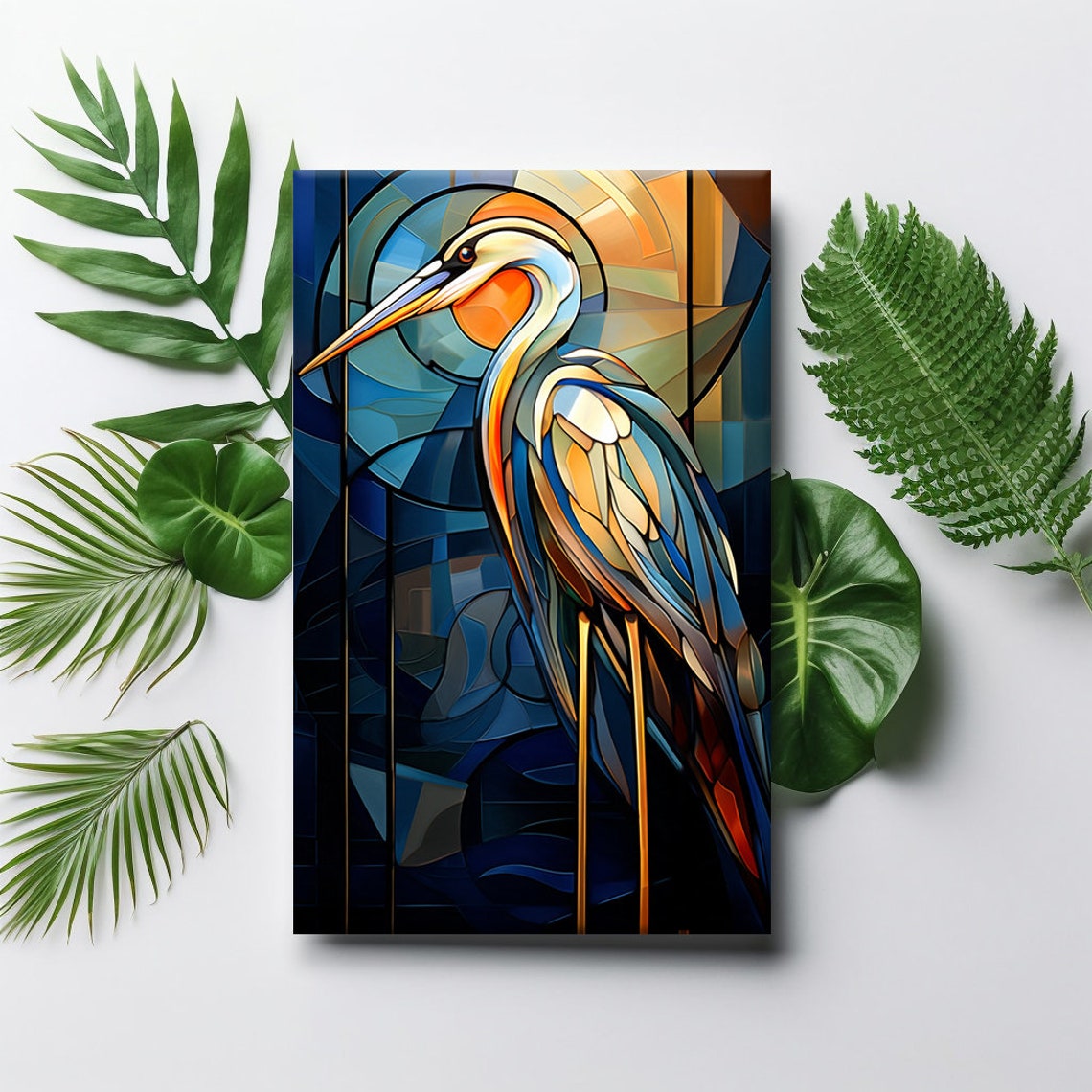 Stained Glass Heron Bird Blue Gold Panels Elegant Bird Wall Art Print - Image 4
