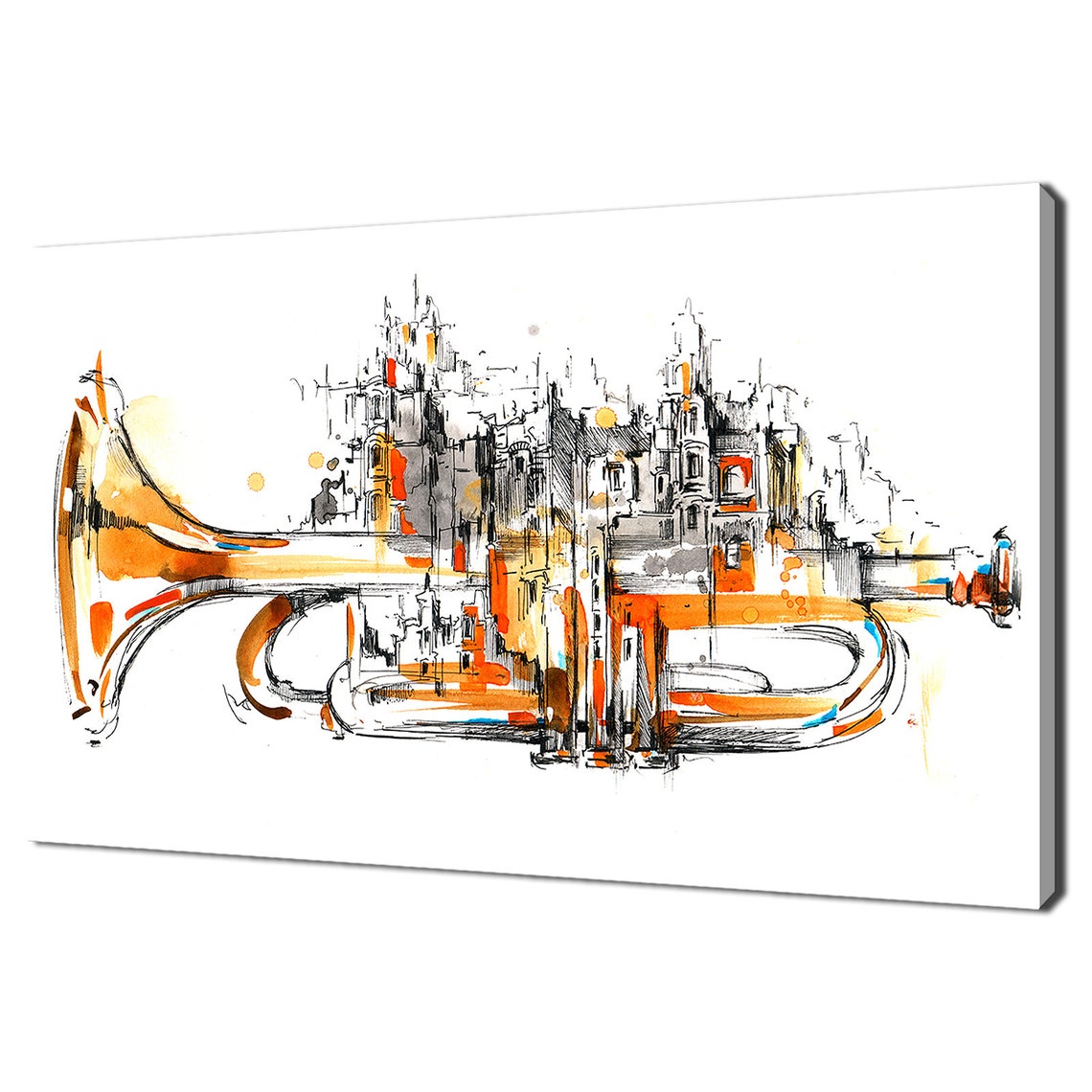 Watercolour Painting Of Musical Sounds Of The City In The Saxophone Shape Modern Design Home Decor Print Wall Art Picture