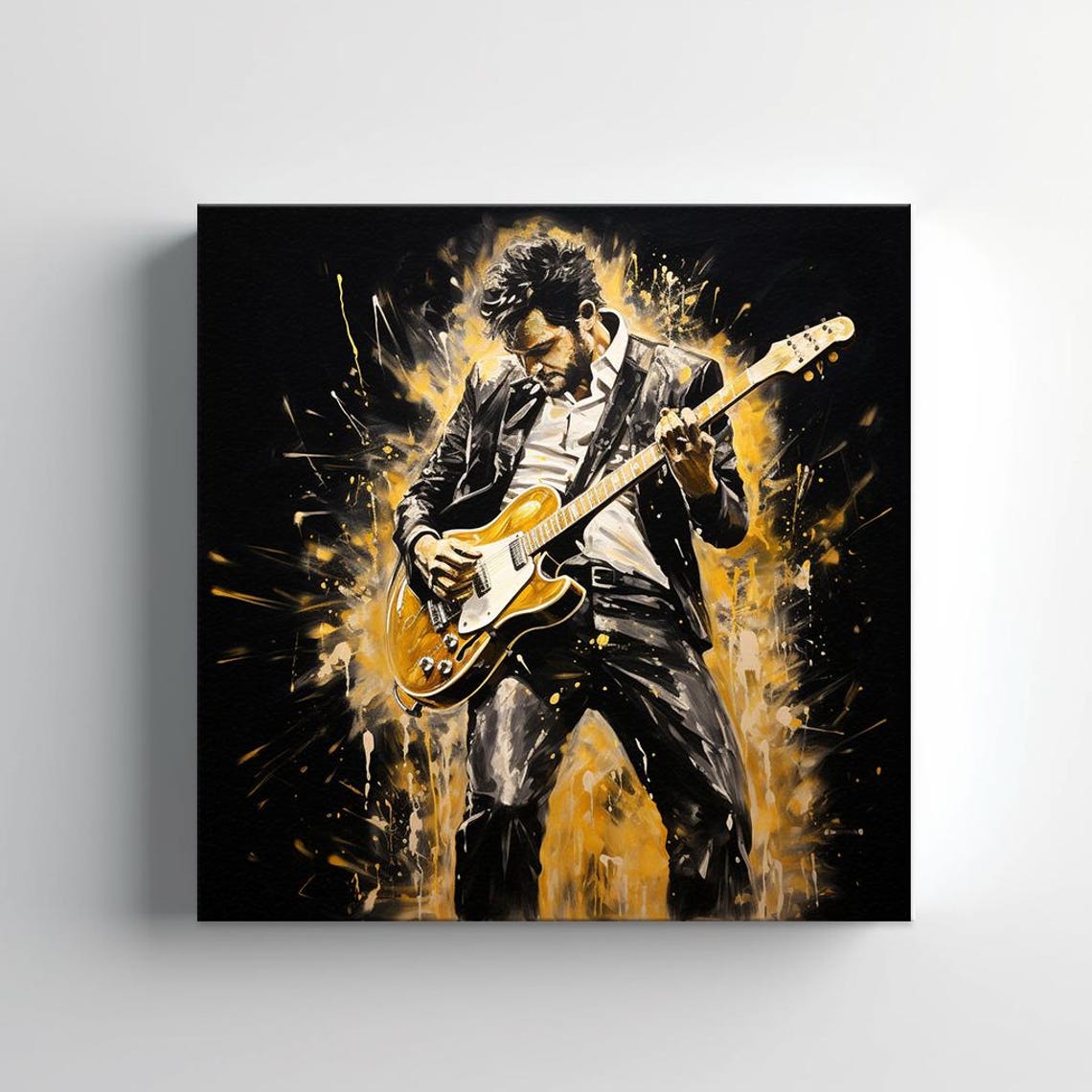 Electric Guitar Player In Suit Black Gold Splash Rock Music Poster - Image 2