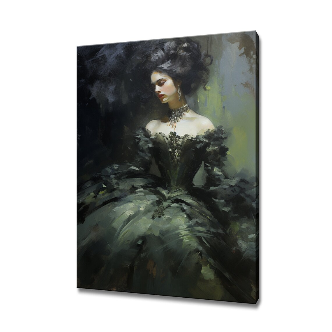 Elegant Lady in Sage Green Victorian Ball Gown Oil Painting Art Poster
