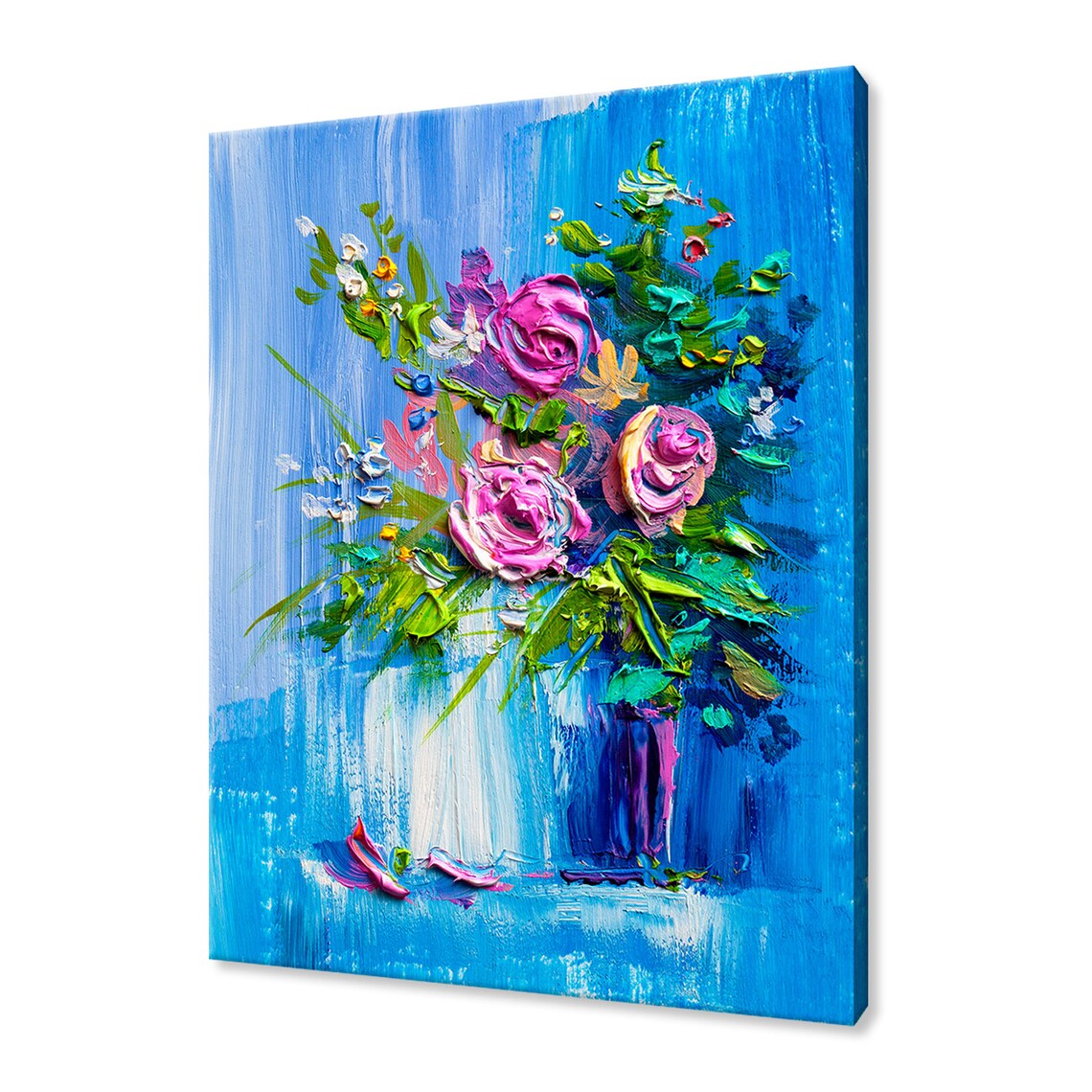Pink Roses Bouquet Impasto Oil Painting Blue Background Art Print