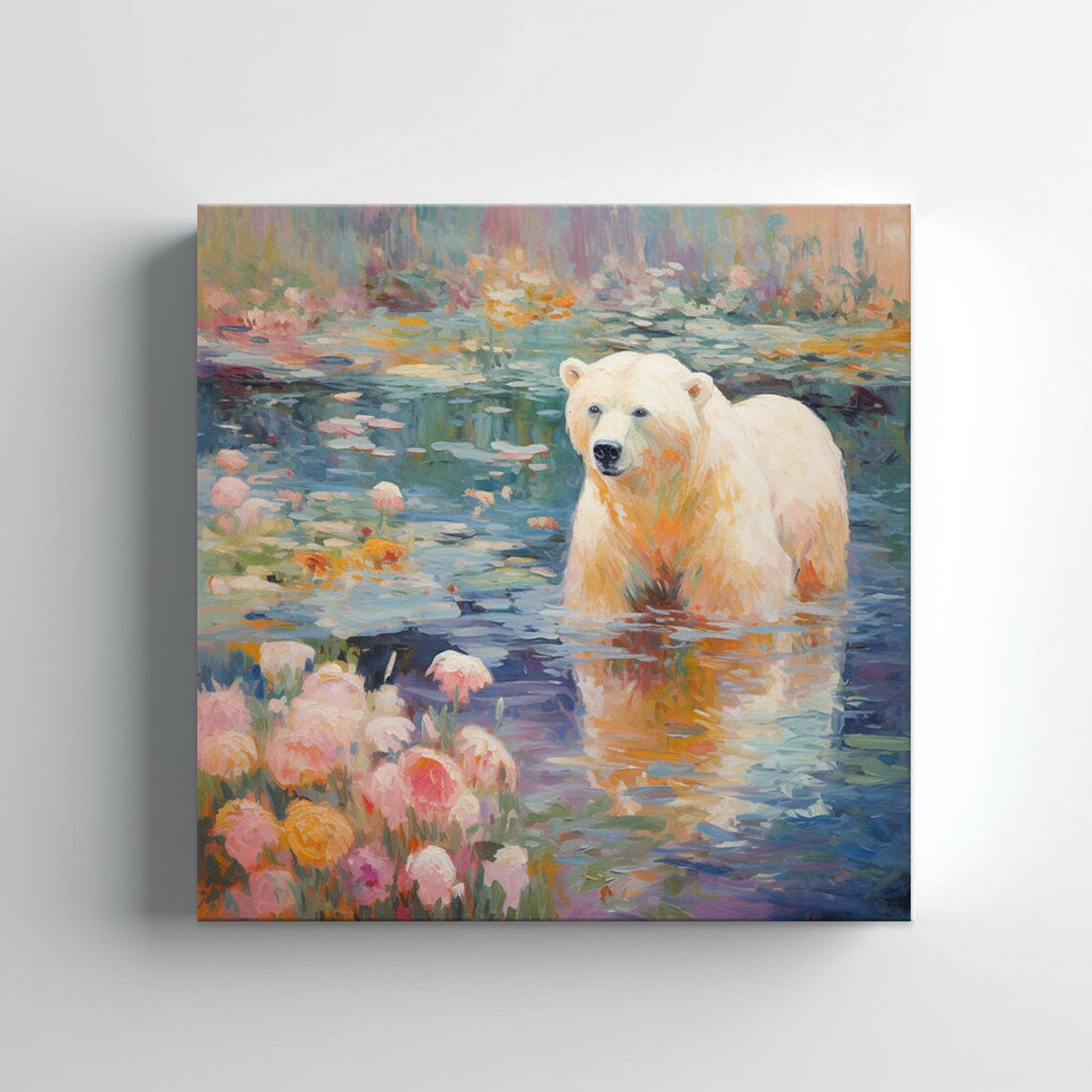 Polar Bear Swimming Among Water Lilies Pink Flowers Painting Poster - Image 3