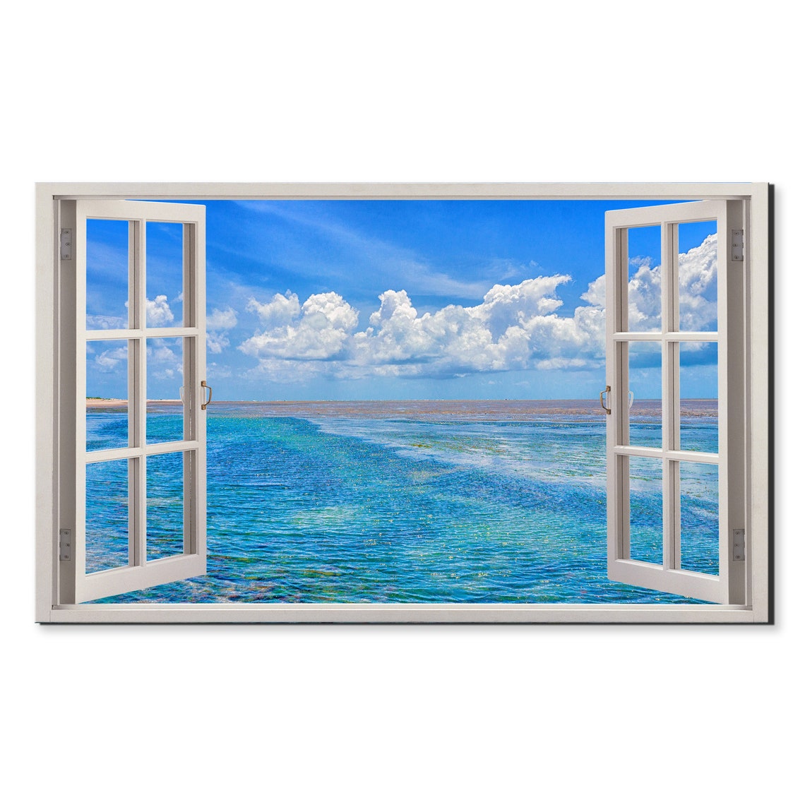 Turquoise Ocean Seascape Bright Blue Sky Clouds Open Window Poster