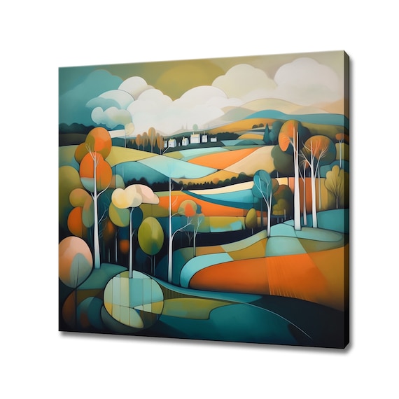 Abstract Landscape Village Trees Painting Style Print Landscape Large Wall Art Print Nature Picture Wall Hanging Living Room Decor