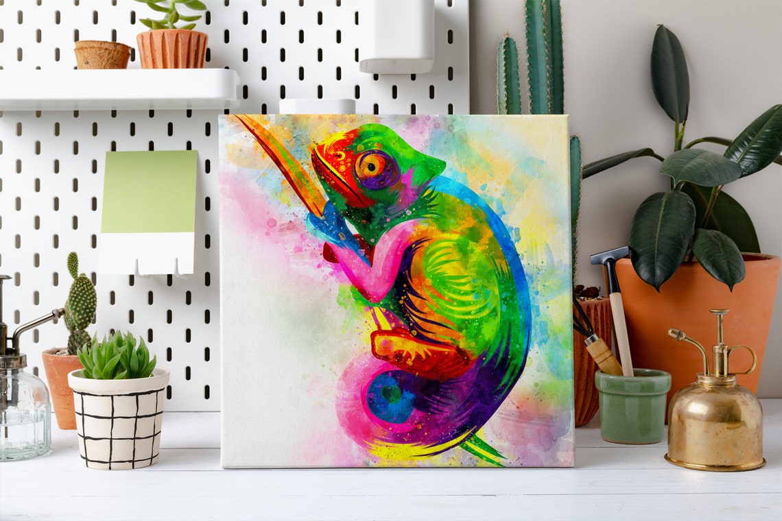 Colourful Chameleon on Branch Watercolour Reptile Poster Art - Image 2