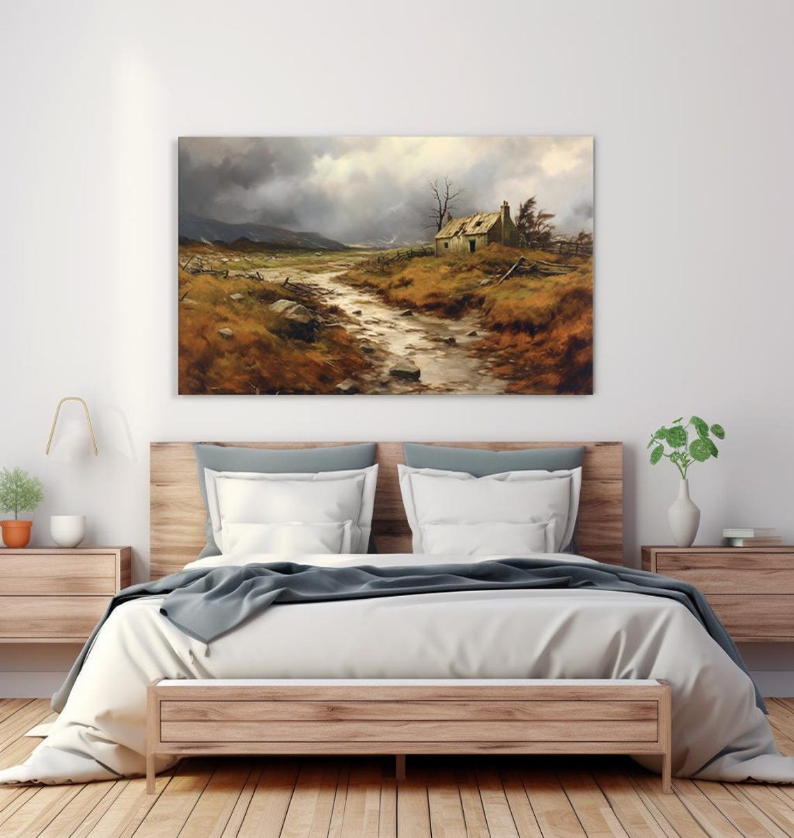 Old Stone Cottage On Windswept Moor Storm Clouds Stream Vintage Poster - Image 4