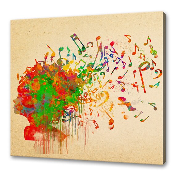 Girl Head Silhouette Colourful Music Notes Watercolour Wall Art Poster