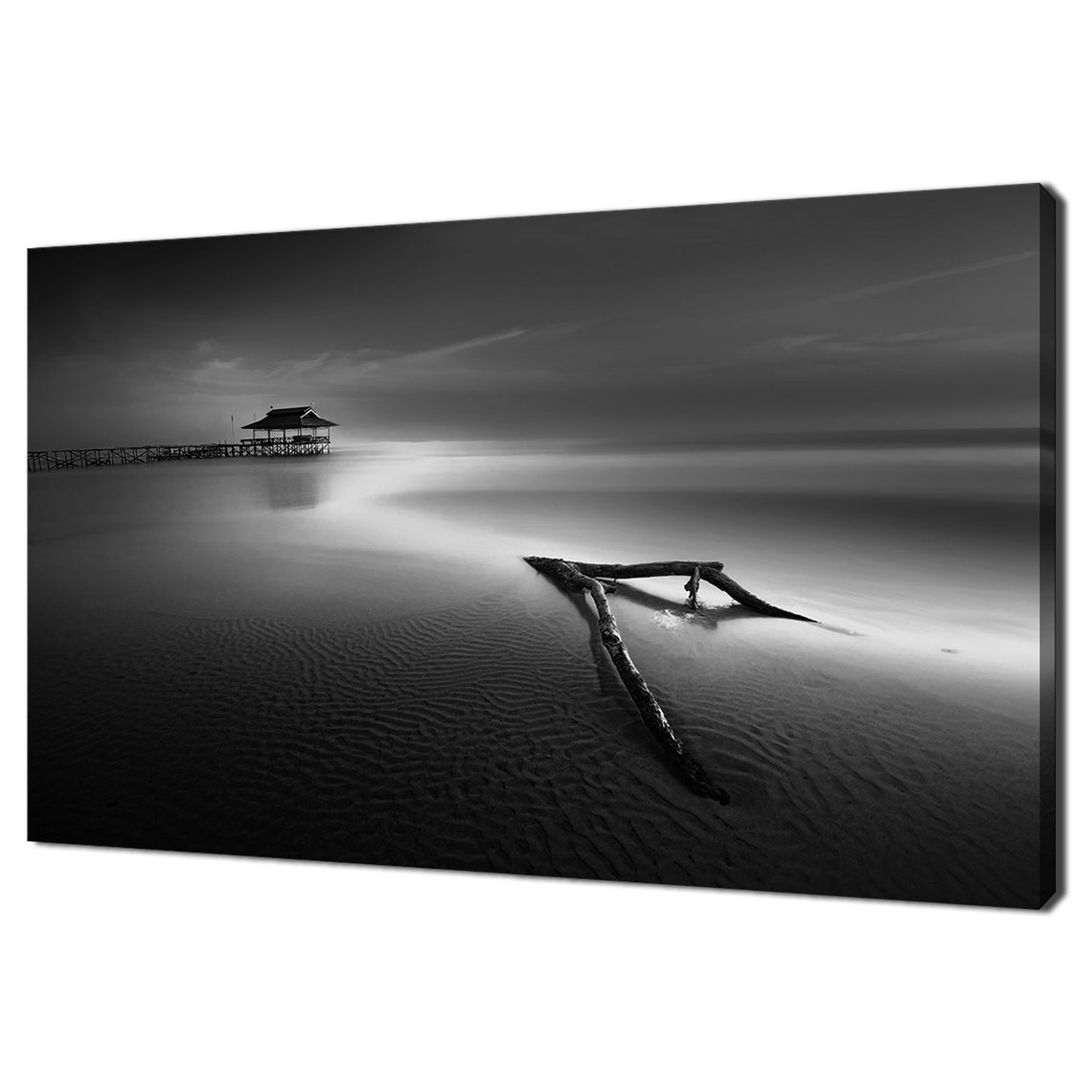 Black White Beach Pier Long Exposure Seascape Minimalist Wall Poster