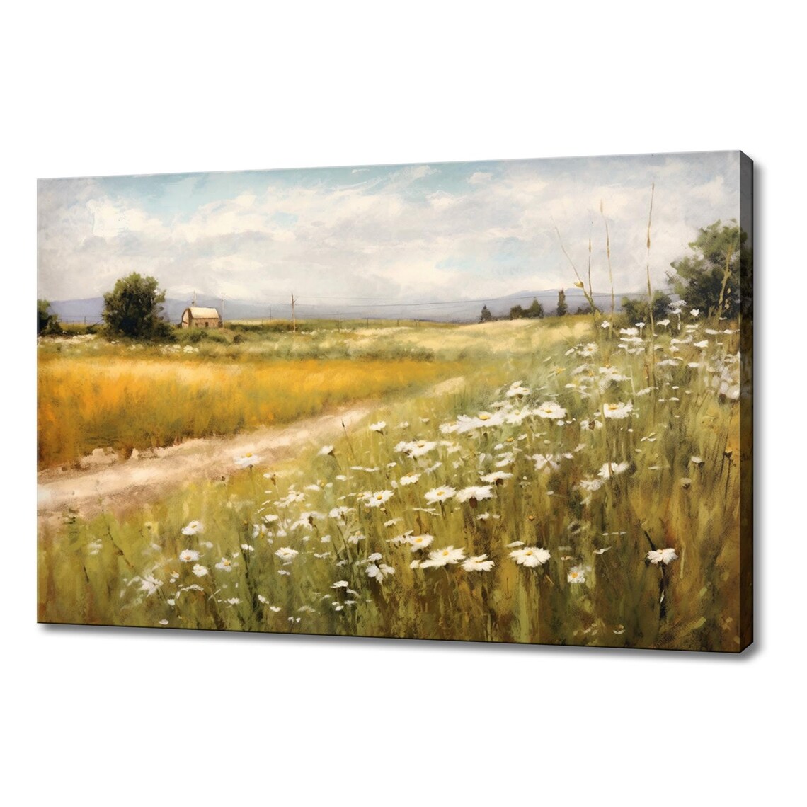 White Flowers Field Meadow Vintage Countryside Painting Style Print Farmhouse Decor Art Nature Picture Wall Hanging Fine Art Print