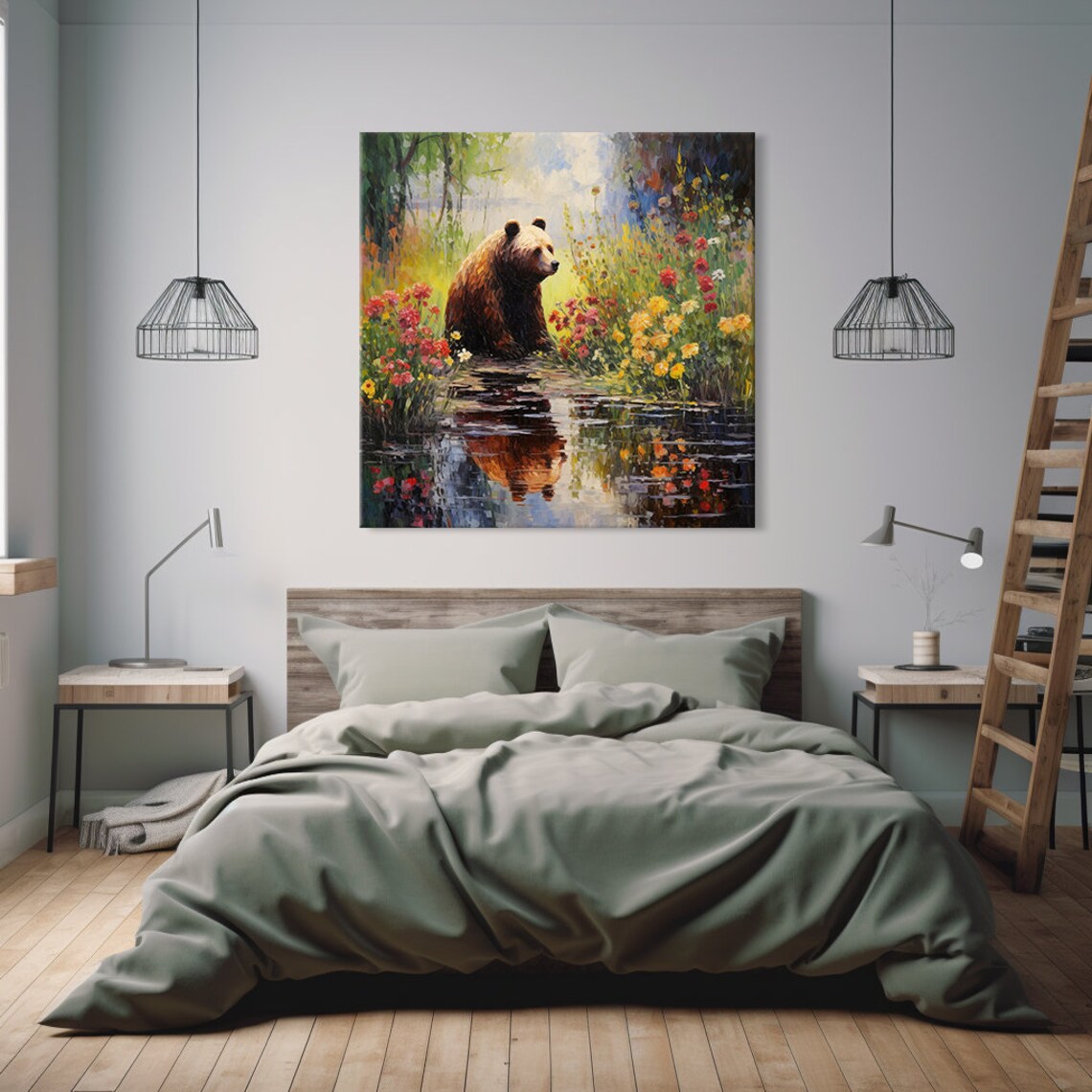 Brown Bear in Flowers by the River, Painting Print - Image 2