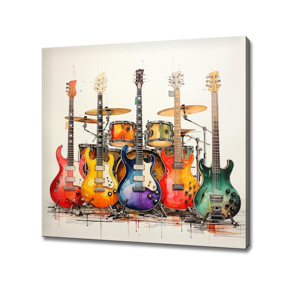 Colorful Electric Guitars Drum Kit Watercolor Music Instruments Poster