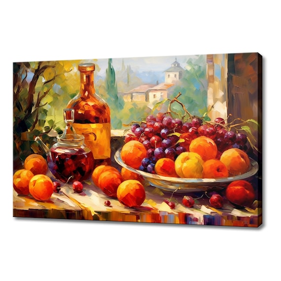 Wine Jug and Bowl of Peaches Fruit Still Life Rustic Vineyard Wall Art Print