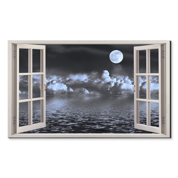 Moon Shining Over The Cloudy Lake Window View Window Frame Style Modern Design Home Decor Print Wall Art Picture Ready To Hang