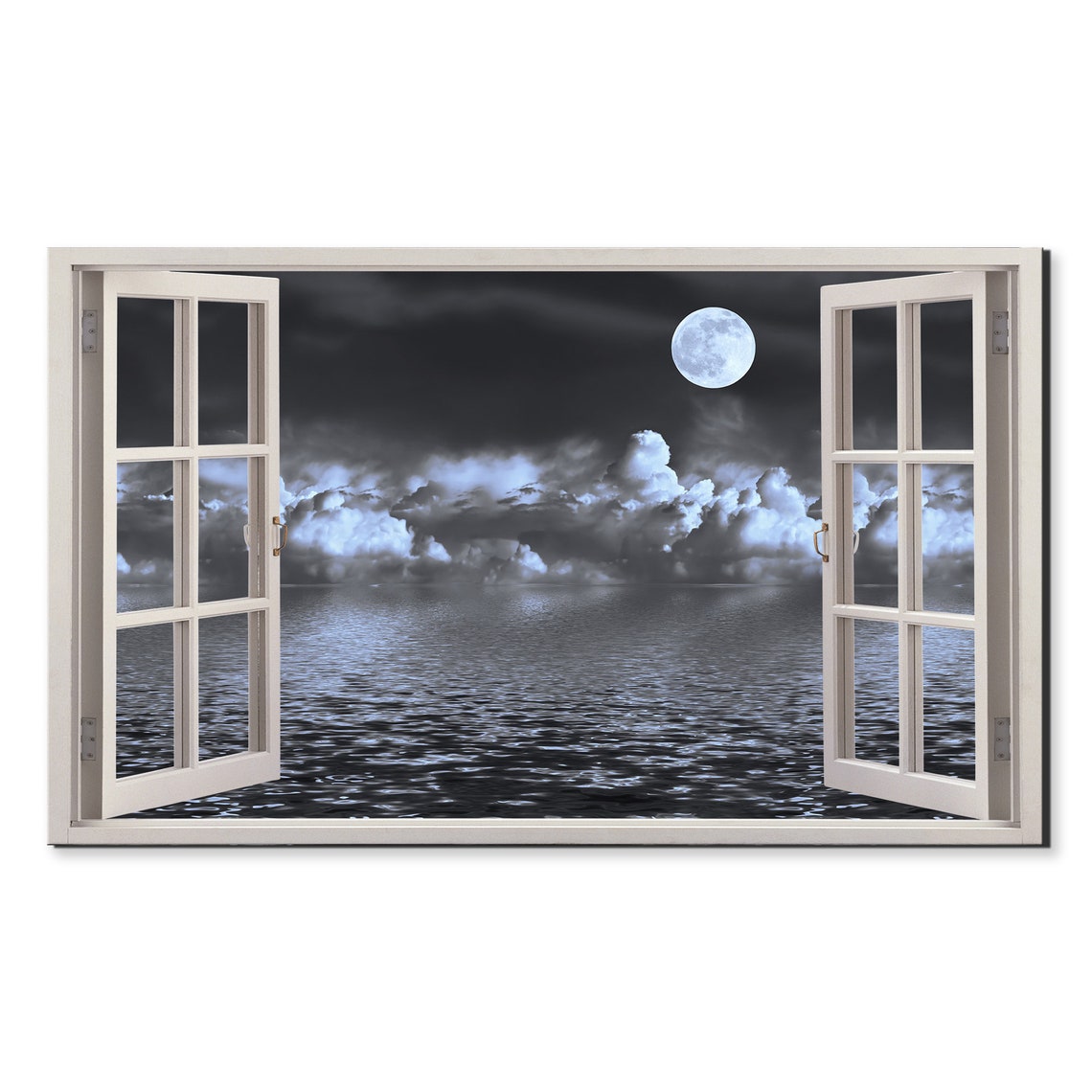 Moon Shining Over The Cloudy Lake Window View Window Frame Style Modern Design Home Decor Print Wall Art Picture Ready To Hang
