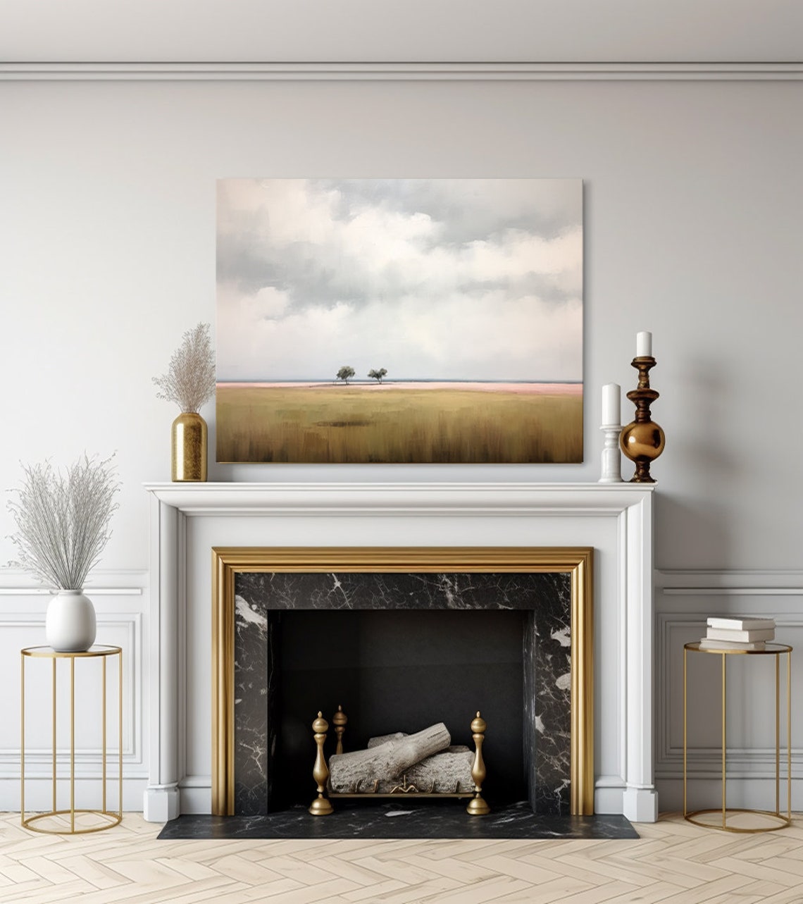 Minimalist Field With Two Trees Pink Horizon Wide Open Sky Poster - Image 3