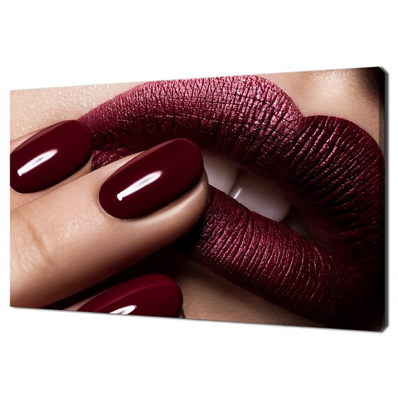 Burgundy Lips Nails Macro Glossy Red Beauty Photography Fashion Art Print