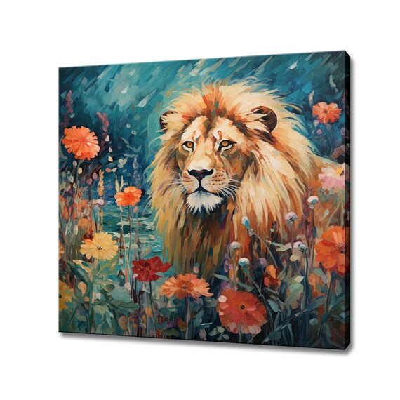 Majestic Lion In Wildflower Field Impressionist Animal Portrait Poster