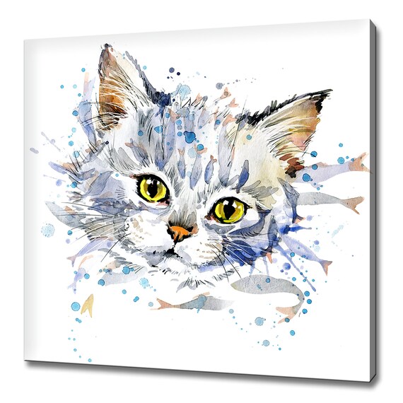 White Kitten Watercolor Splash Playful Cat Yellow Eyes Kids Room Wall Art