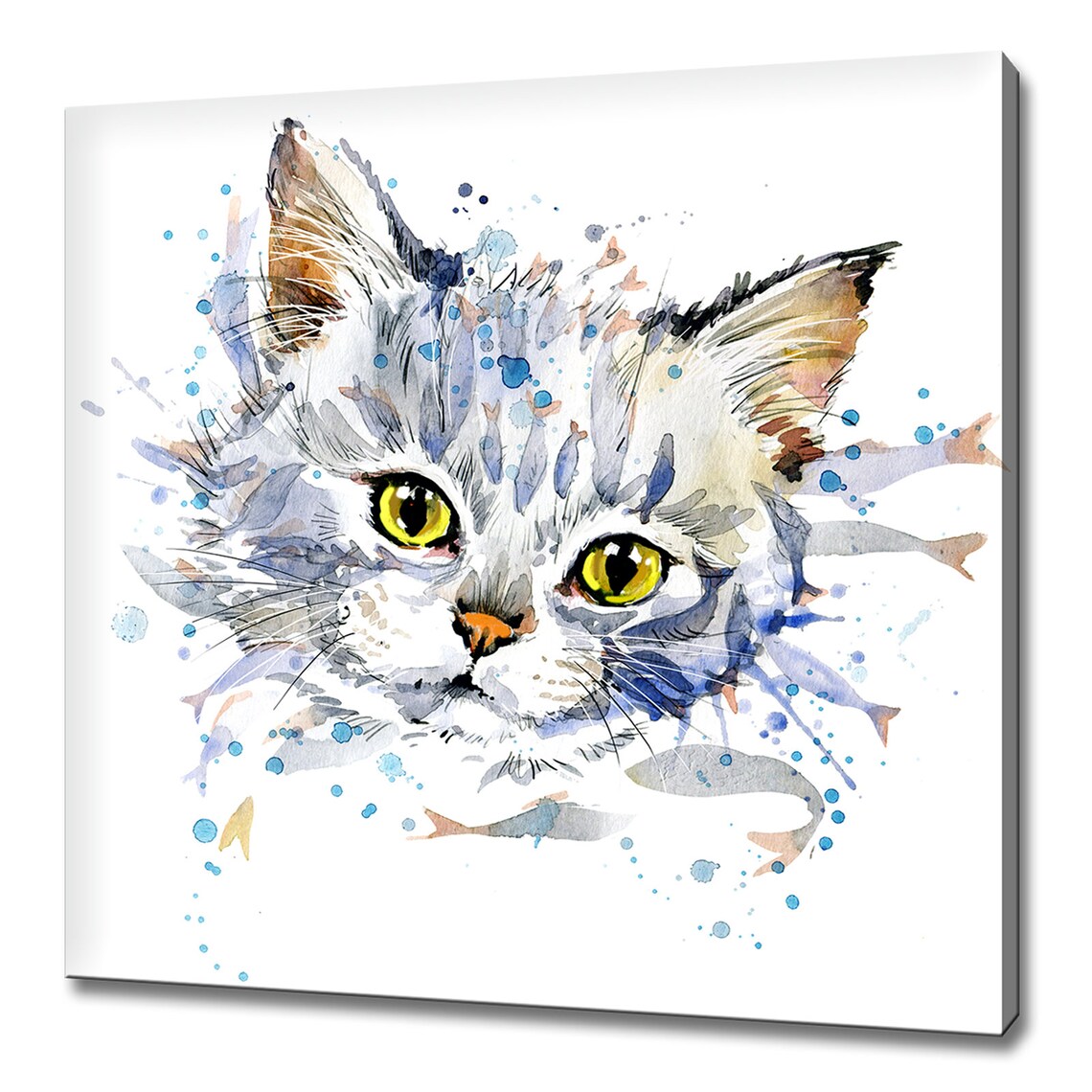 White Kitten Watercolor Splash Playful Cat Yellow Eyes Kids Room Wall Art