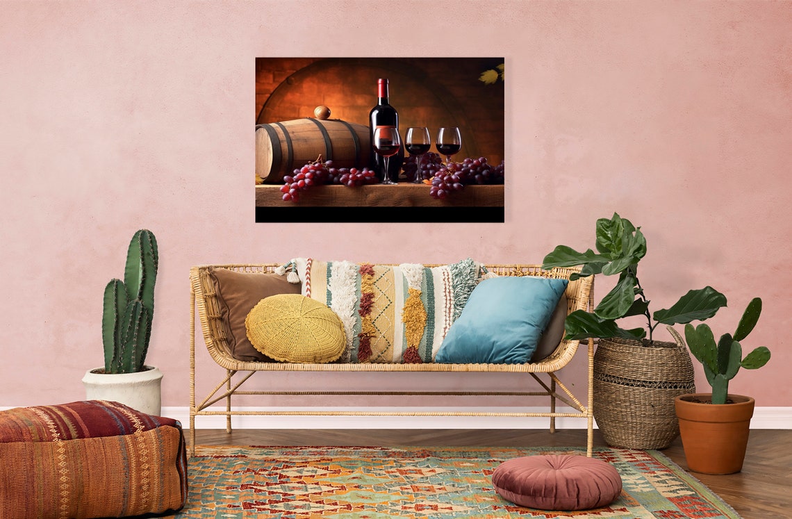 Red Wine Bottle Three Glasses Barrel And Grapes Warm Cellar Wall Art - Image 4