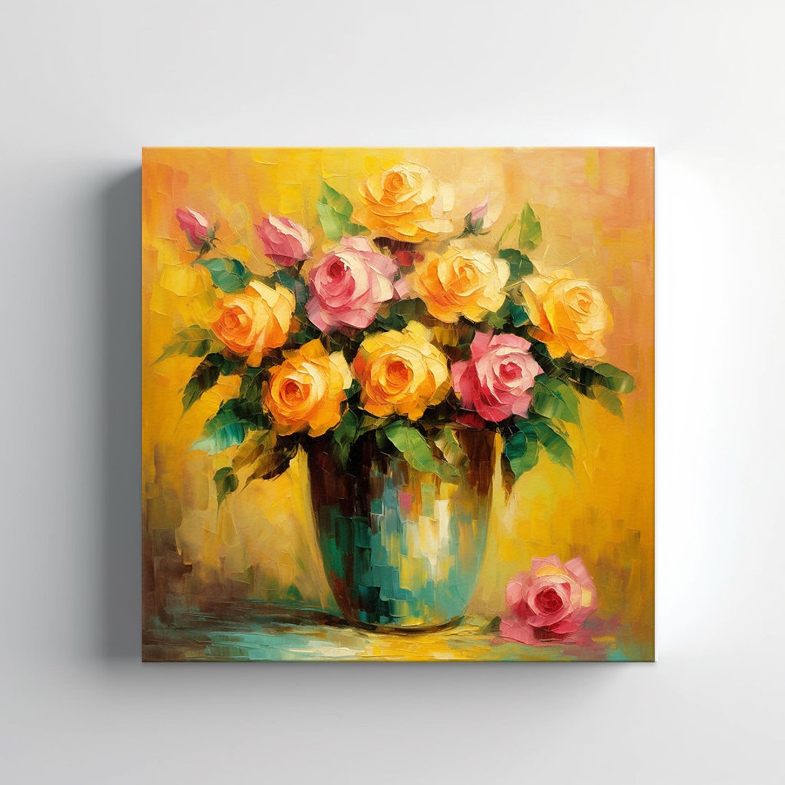 Yellow Pink Bouquet Of Roses Flowers Oil Painting Style Print Wall Art Modern Floral Design Home Decor Botanical Flowers Wall Art - Image 2