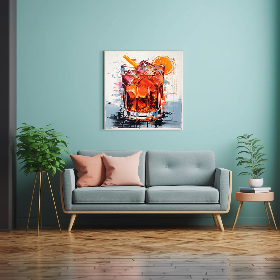Negroni Cocktail Orange Slice Ice Rocks Glass Splash Art Wall Poster - Image 2