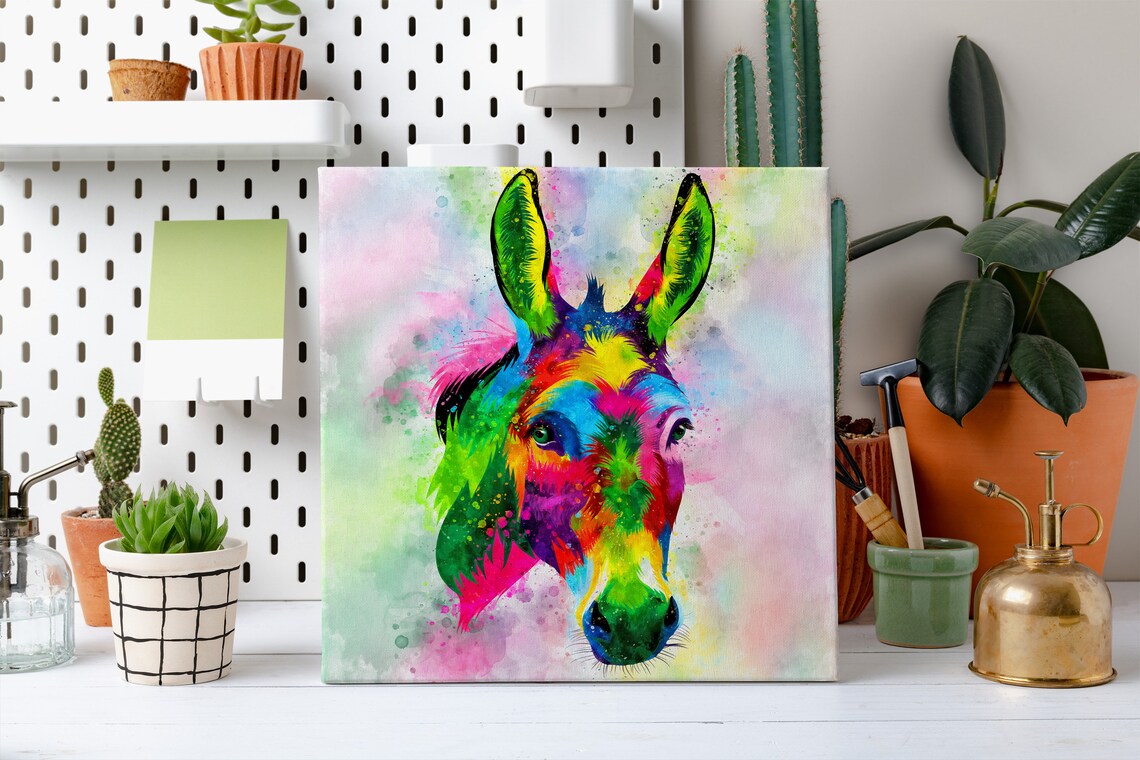 Colorful Watercolor Donkey Head Rainbow Animal Art Print Poster - Image 2