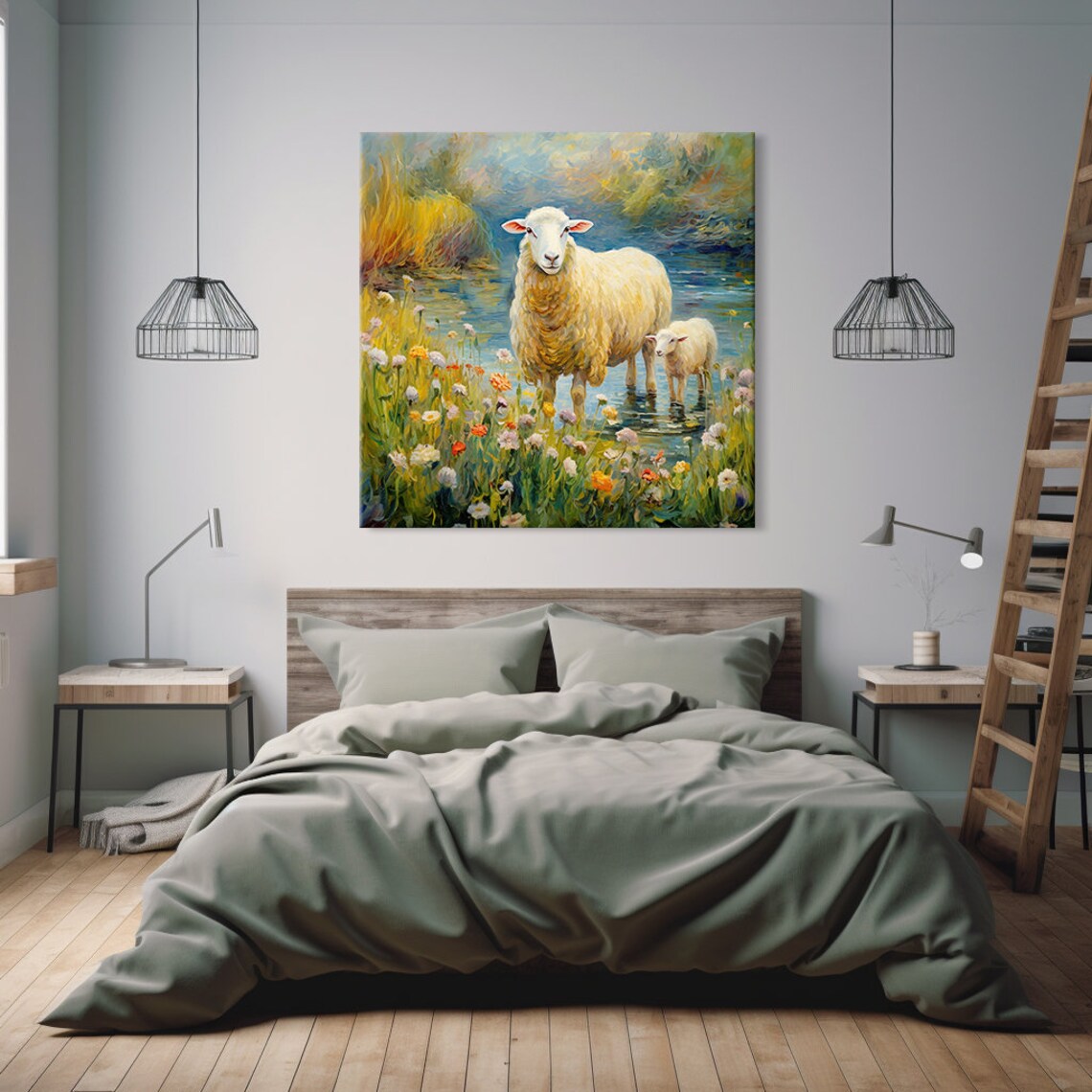 Mother Sheep And Lamb Wading River Colorful Farm Animal Poster - Image 4