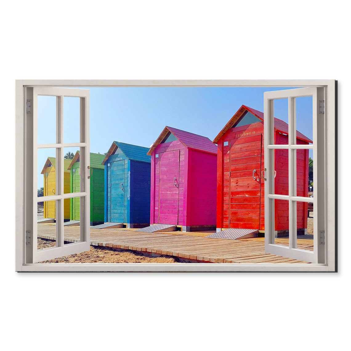 Colorful Beach Huts Row Open Window View Sunny Seaside Wall Poster