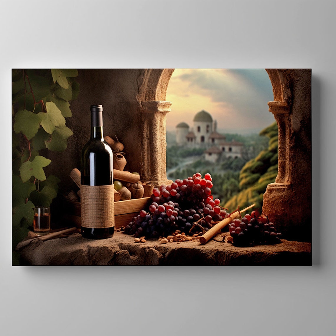 Red Wine Bottle Grapes Stone Window Tuscany Villa View Kitchen Print - Image 3