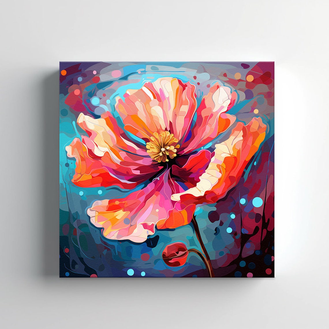 Giant Red Pink Poppy Flower Blue Background Stylized Floral Art Poster - Image 2