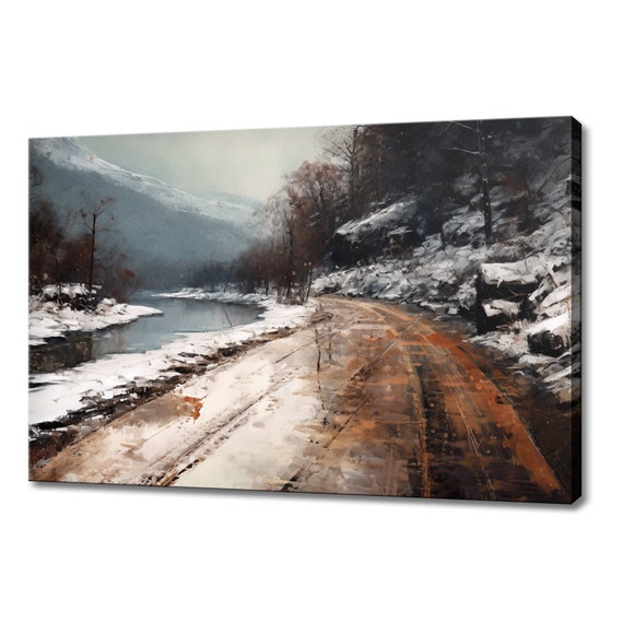 Road Through Snowy Winter Mountains Vintage Painting Style Print Farmhouse Decor Art Picture Wall Hanging Fine Art Print