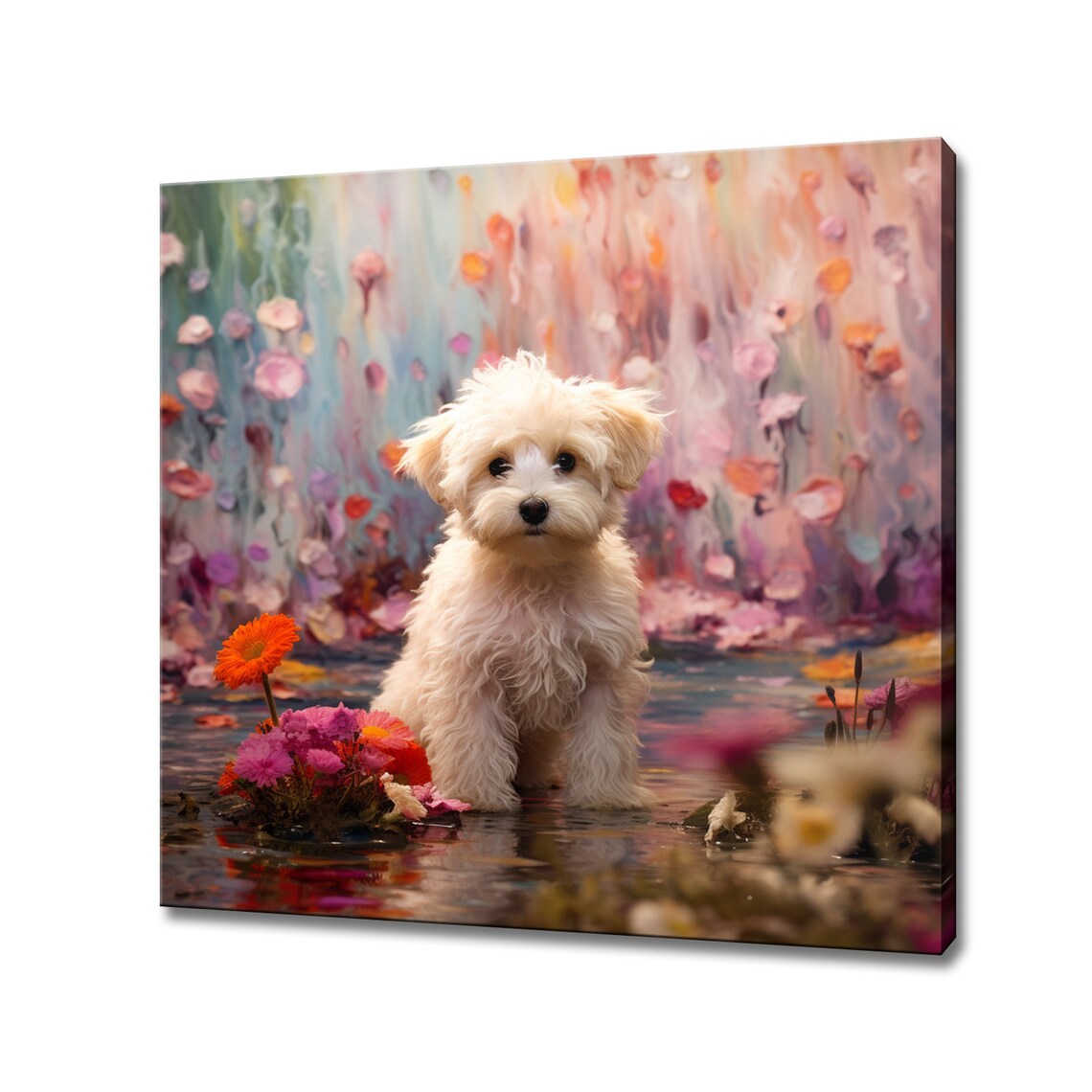White Maltipoo Puppy By Blooming Water Pink Floral Painting Poster