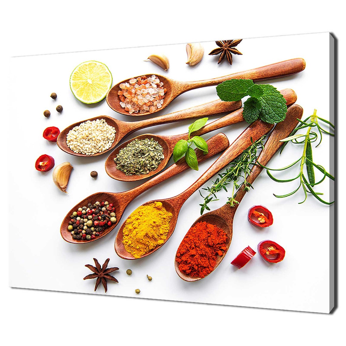 Colorful Herbs And Spices On Wooden Spoons White Kitchen Decor Poster