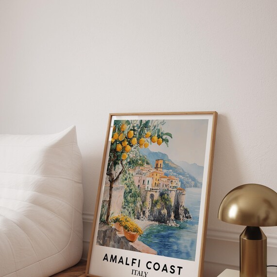 Amalfi Coast Italy Lemon Tree Cliffside Town Watercolor Art Poster