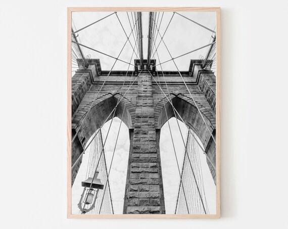 Brooklyn Bridge Stone Tower Cables Black and White Photo Print