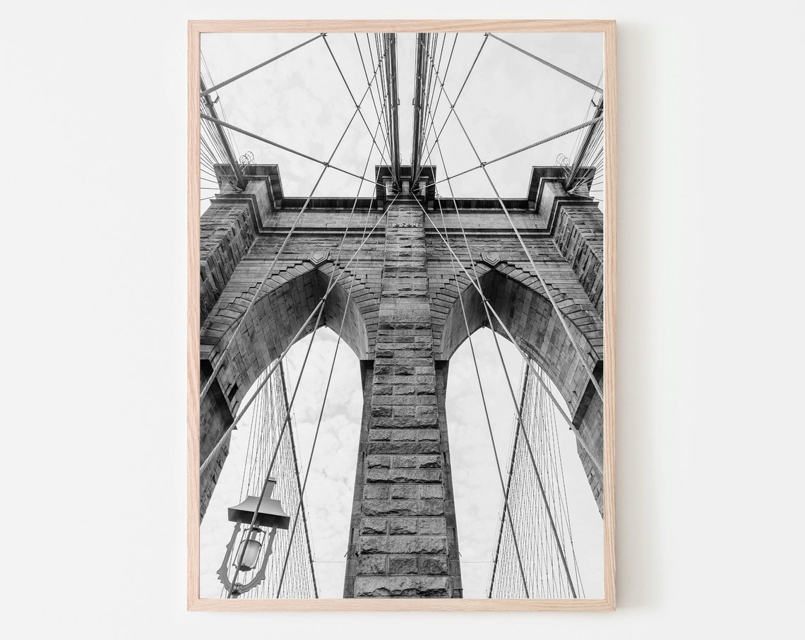 Brooklyn Bridge Stone Tower Cables Black and White Photo Print